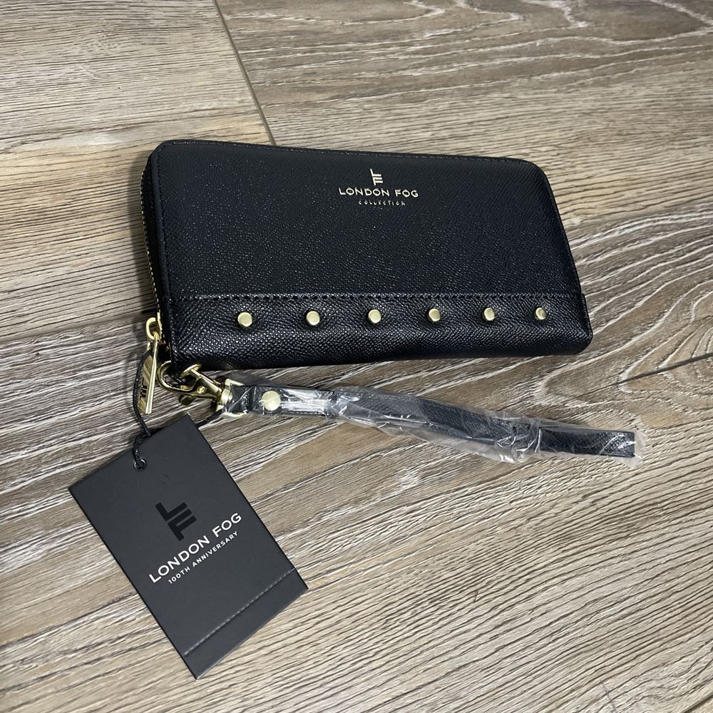 London Fog Samantha Studded‎ Wallet Black Zip Around Wristlet Black NIB